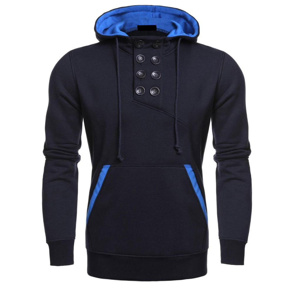 NAVY-BLUE-MENS-HOODED-BUTTON-PULLOVER-CASUAL-FLEECE-HOODIE.jpg Navy Blue Men's Hooded Button Pullover Casual Fleece Hoodie - Image 1